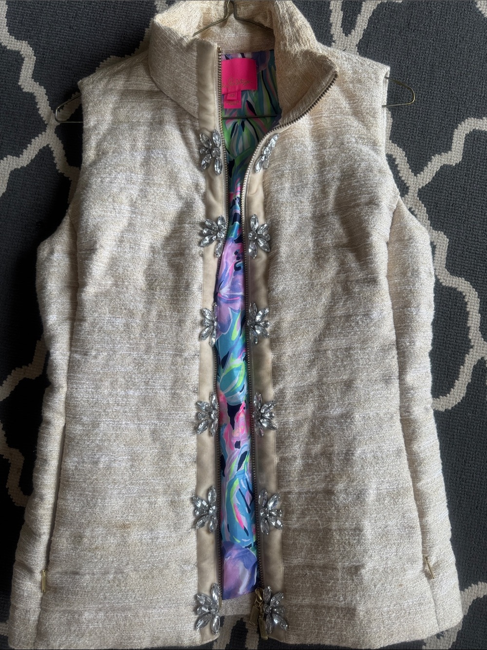 Lilly Pulitzer Cream Textured Vest with Jeweled Trim and Colorful Lining